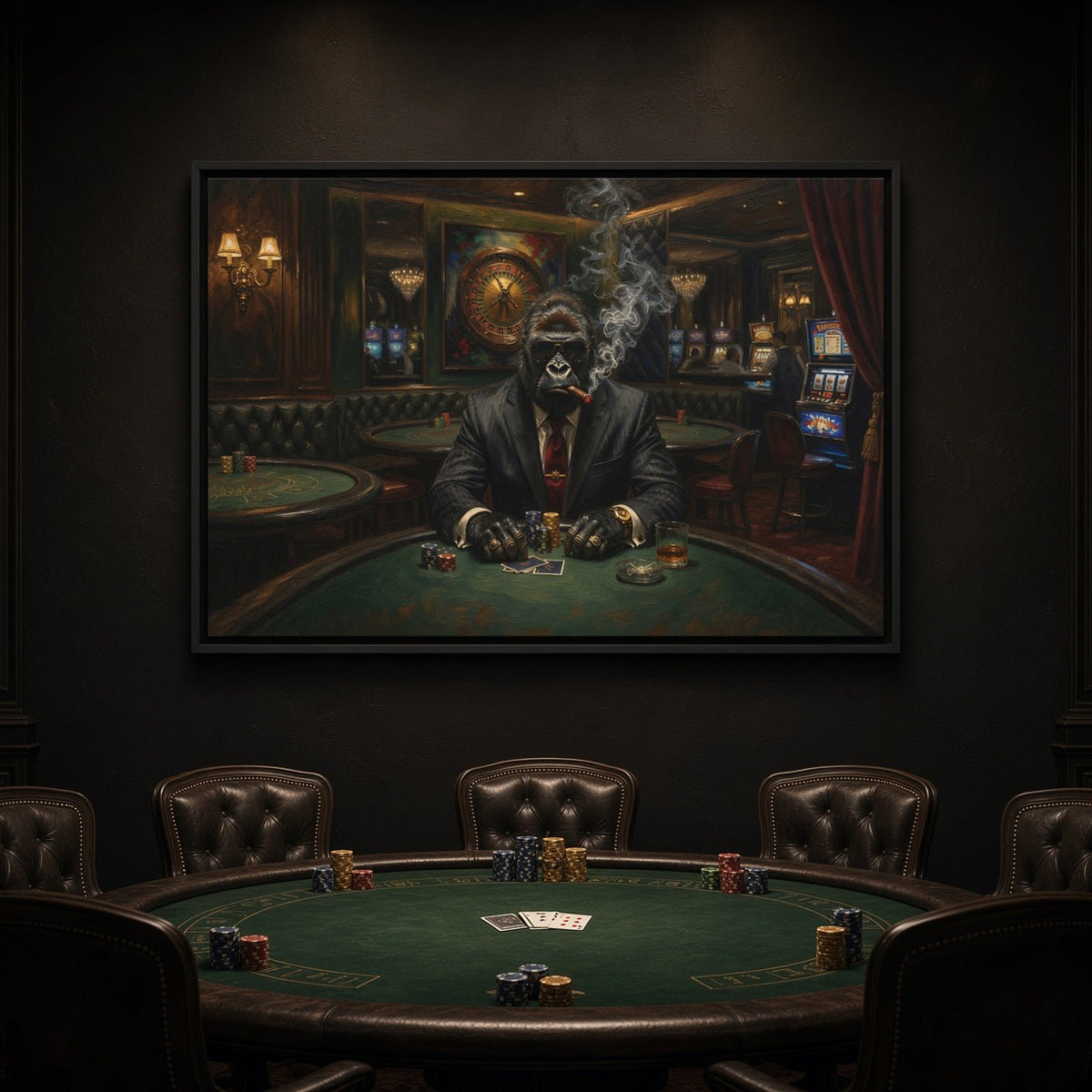 Wall-mounted framed canvas poker art of a suited gorilla dealer with cigar smoke rising