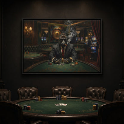 Wall-mounted framed canvas poker art of a suited gorilla dealer with cigar smoke rising