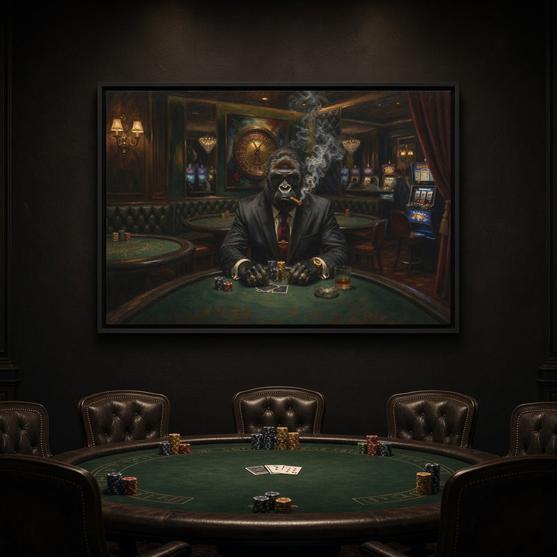Wall-mounted framed canvas poker art of a suited gorilla dealer with cigar smoke rising