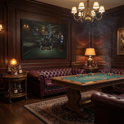 Black matte framed canvas wall art featuring a gorilla dealer surrounded by poker scene decor.