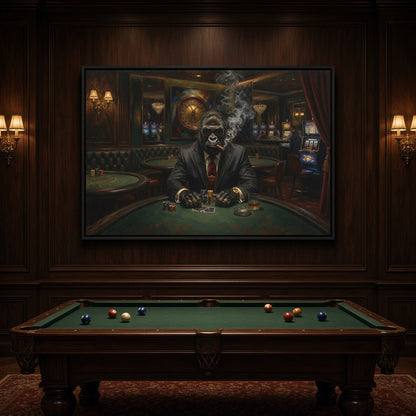 Wall-mounted framed canvas poker art featuring a gorilla in a black suit and cigar smoke