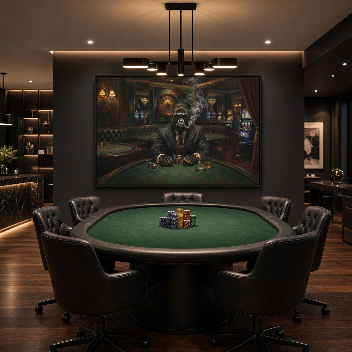 Wall-mounted framed canvas poker art of a suited gorilla dealer with cigar smoke
