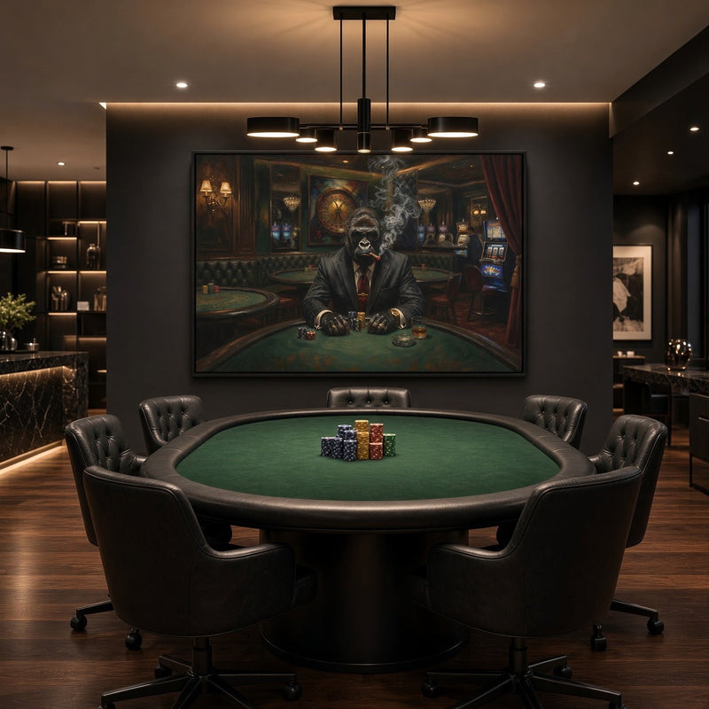 Wall-mounted framed canvas poker art of a suited gorilla dealer with cigar smoke