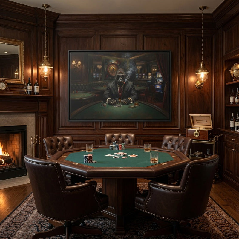 Black matte framed canvas wall art with a gorilla dealer at a green poker table in a room.