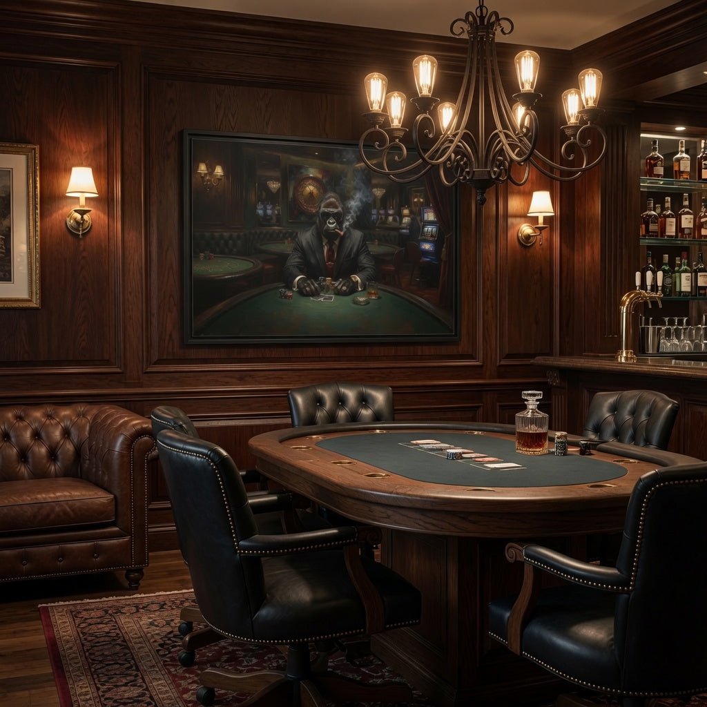 Black matte framed canvas wall art showing a gorilla dealer and poker table under lights.