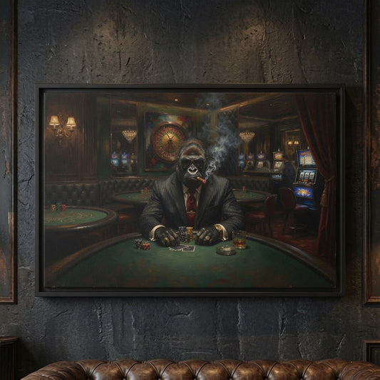 Close-up black matte framed canvas wall art with a gorilla dealer at a green poker table.