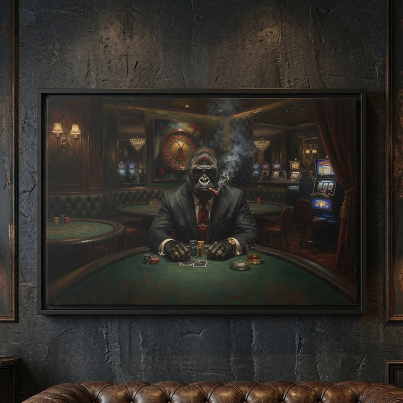 Close-up black matte framed canvas wall art with a gorilla dealer at a green poker table.