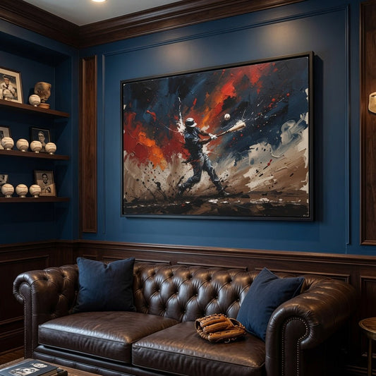 Framed abstract baseball canvas wall art with black frame, baseball player figure against red-orange splash.