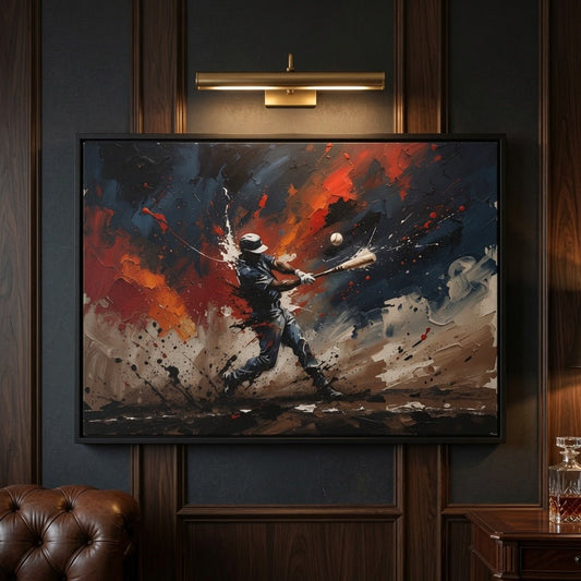Framed abstract baseball canvas wall art with black frame, batter with bat and scattered paint marks.