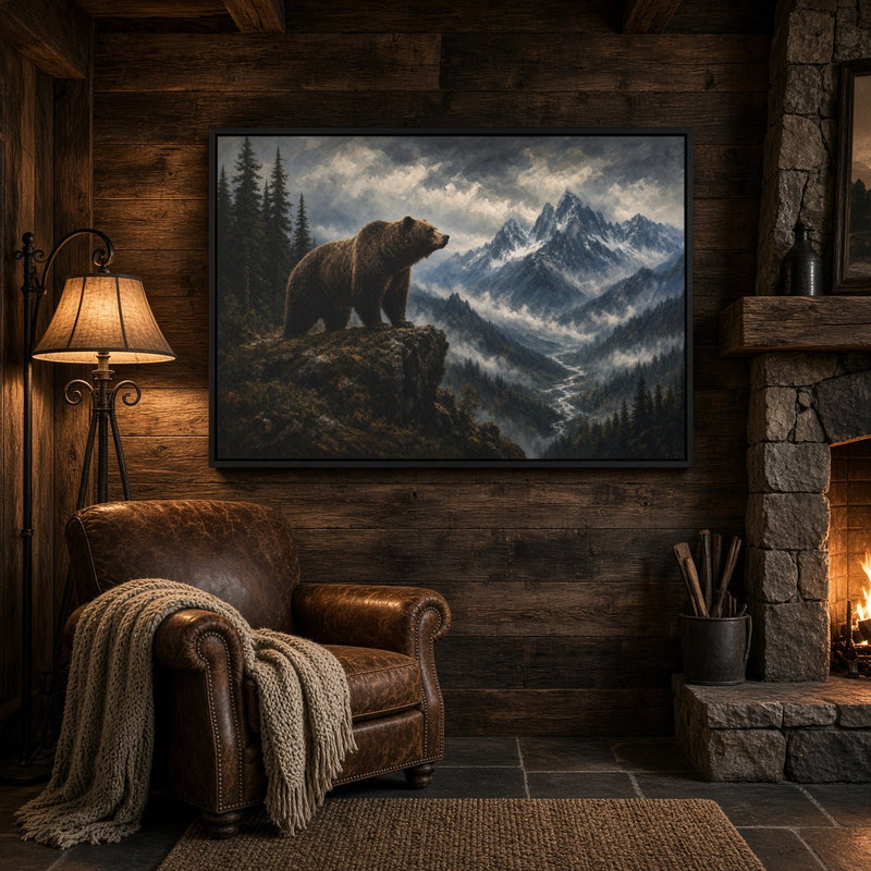 Framed Bear Mountain canvas wall art with roaring bear in mountain landscape