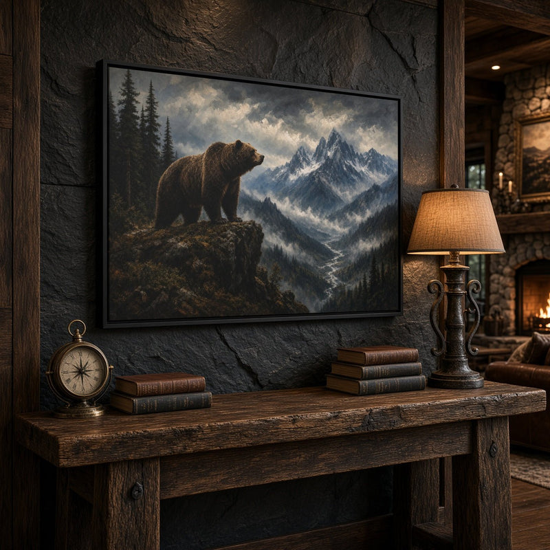 Black-framed bear and mountain landscape canvas wall art, bear over snowdusted peaks