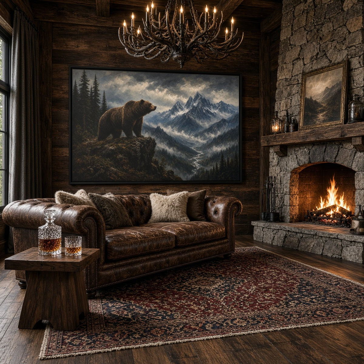 Black-framed bear and mountain landscape canvas wall art, bear on rocky outcrop