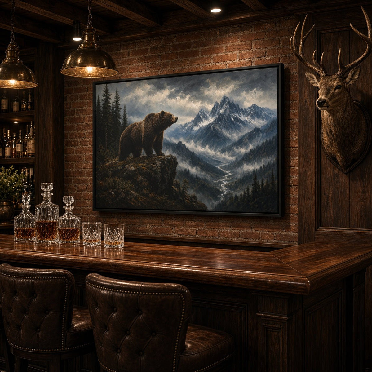 Black-framed bear and mountain landscape canvas wall art, pine forest and rocky peaks
