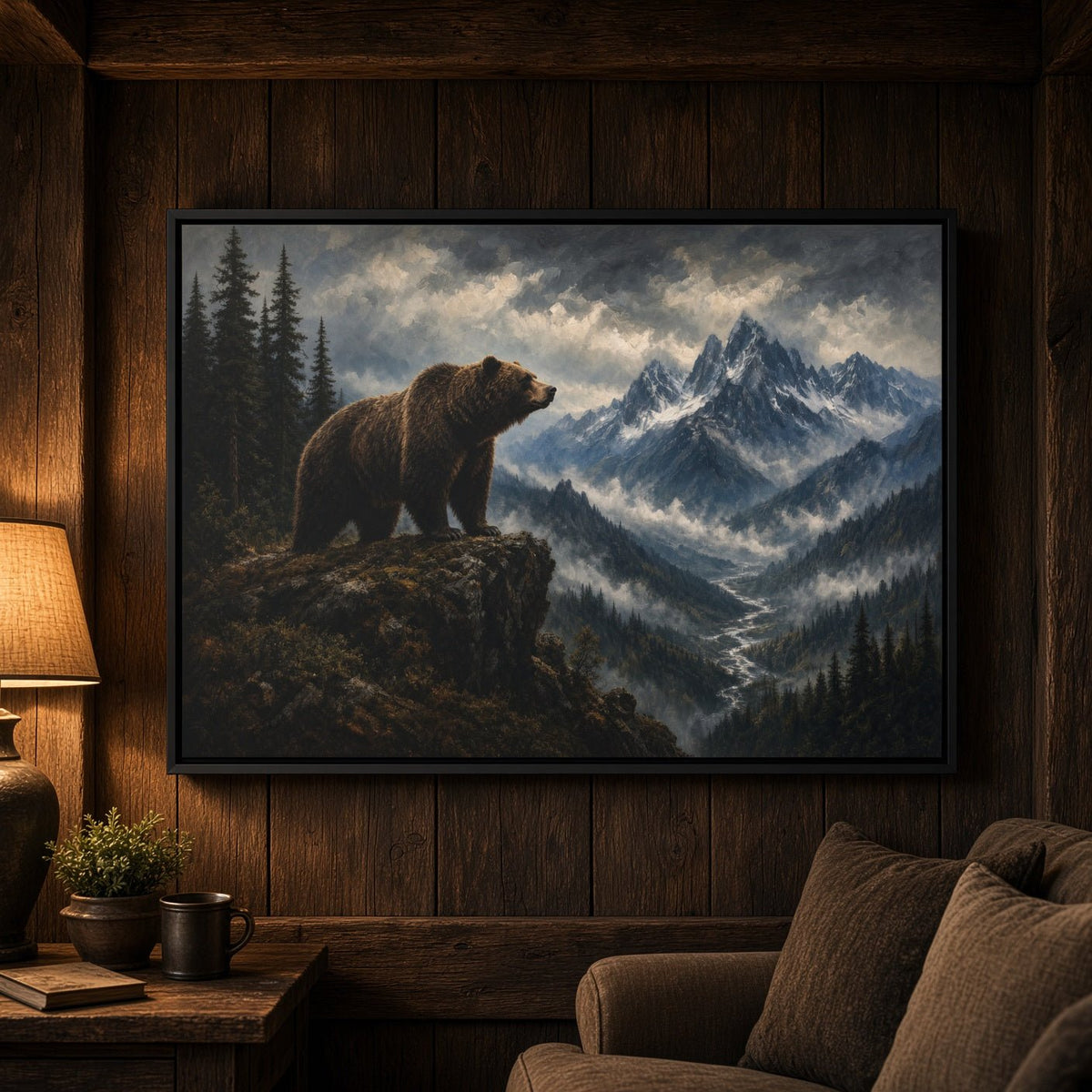 Black-framed bear and mountain landscape canvas wall art, horizontal composition