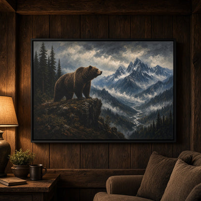 Black-framed bear and mountain landscape canvas wall art, horizontal composition