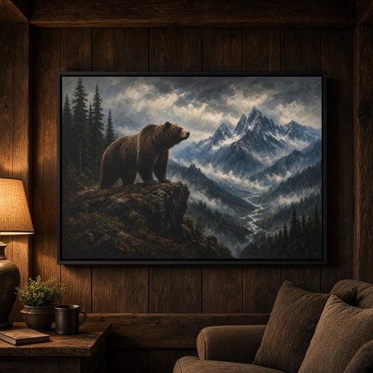 Black-framed bear and mountain landscape canvas wall art, horizontal composition