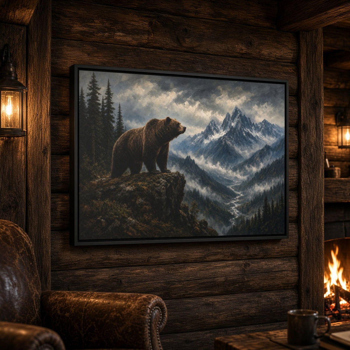 Framed canvas wall art showing a brown bear on rocks above snowy peaks