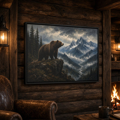 Framed canvas wall art showing a brown bear on rocks above snowy peaks