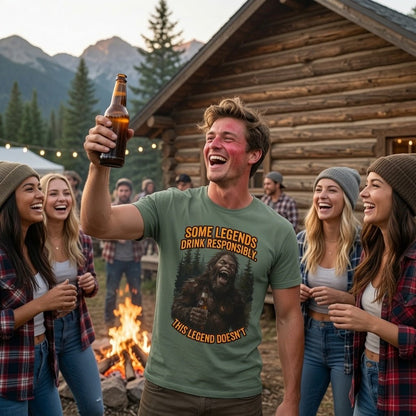 Green T-shirt with bear and forest graphic and orange/yellow slogan text