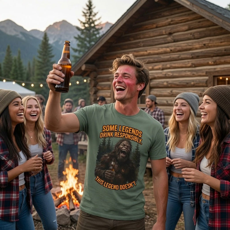 Green T-shirt with bear and forest graphic and orange/yellow slogan text