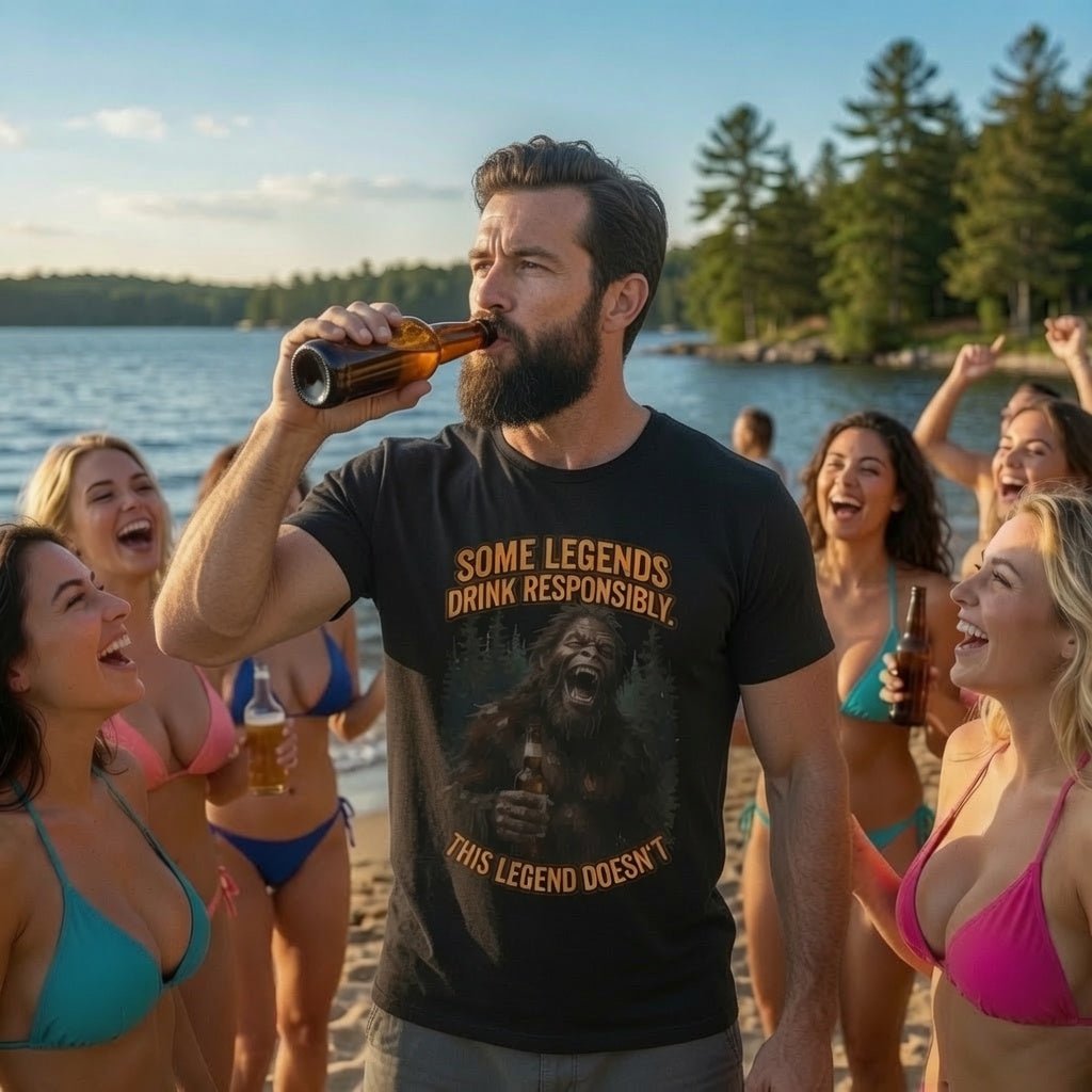 Black T-shirt with bear and forest graphic and orange/yellow slogan text