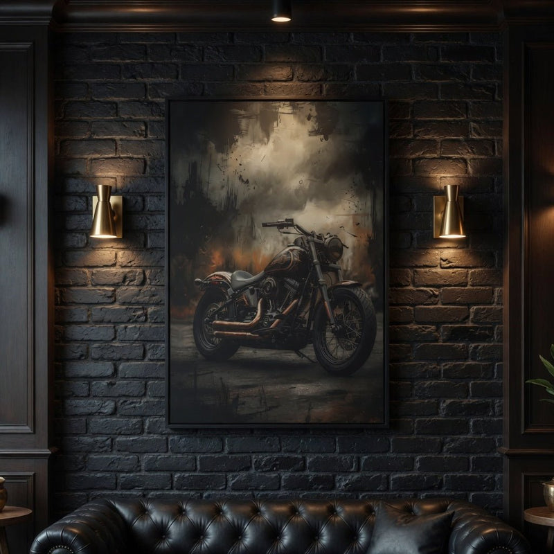 Framed matte canvas wall art showing vintage motorcycle, black frame