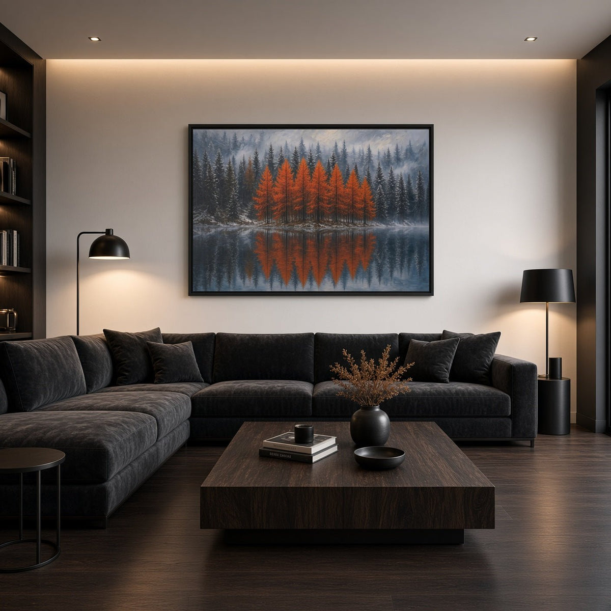 Framed autumn pine forest canvas print with orange trees and mirrored reflection, dark frame
