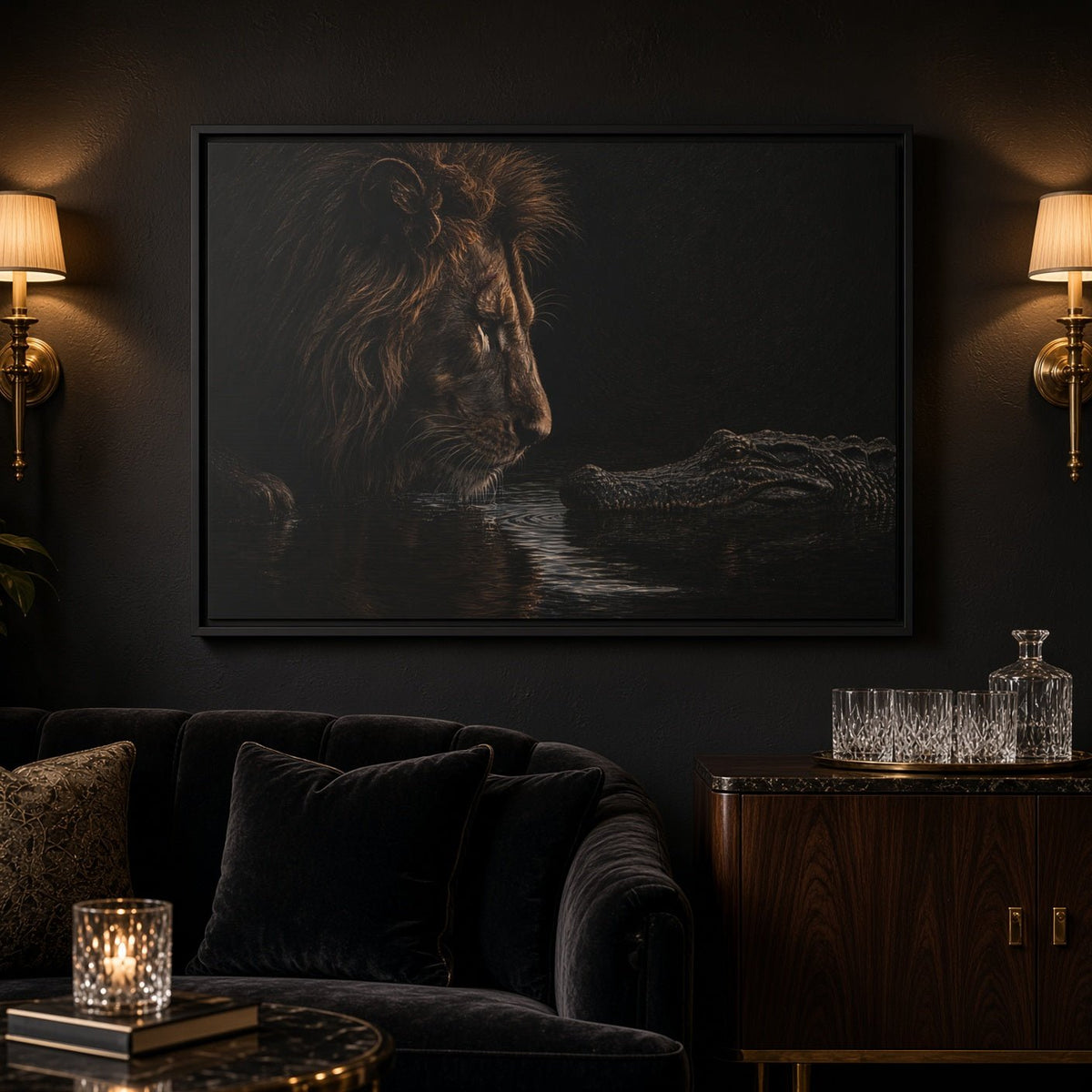 Framed canvas wall art showing a lion and an alligator with reflections in dark water.