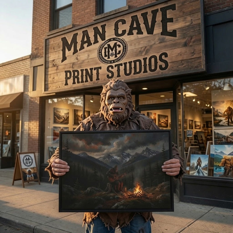 Sasquatch guitarist framed canvas print with roaring Bigfoot holding framed artwork