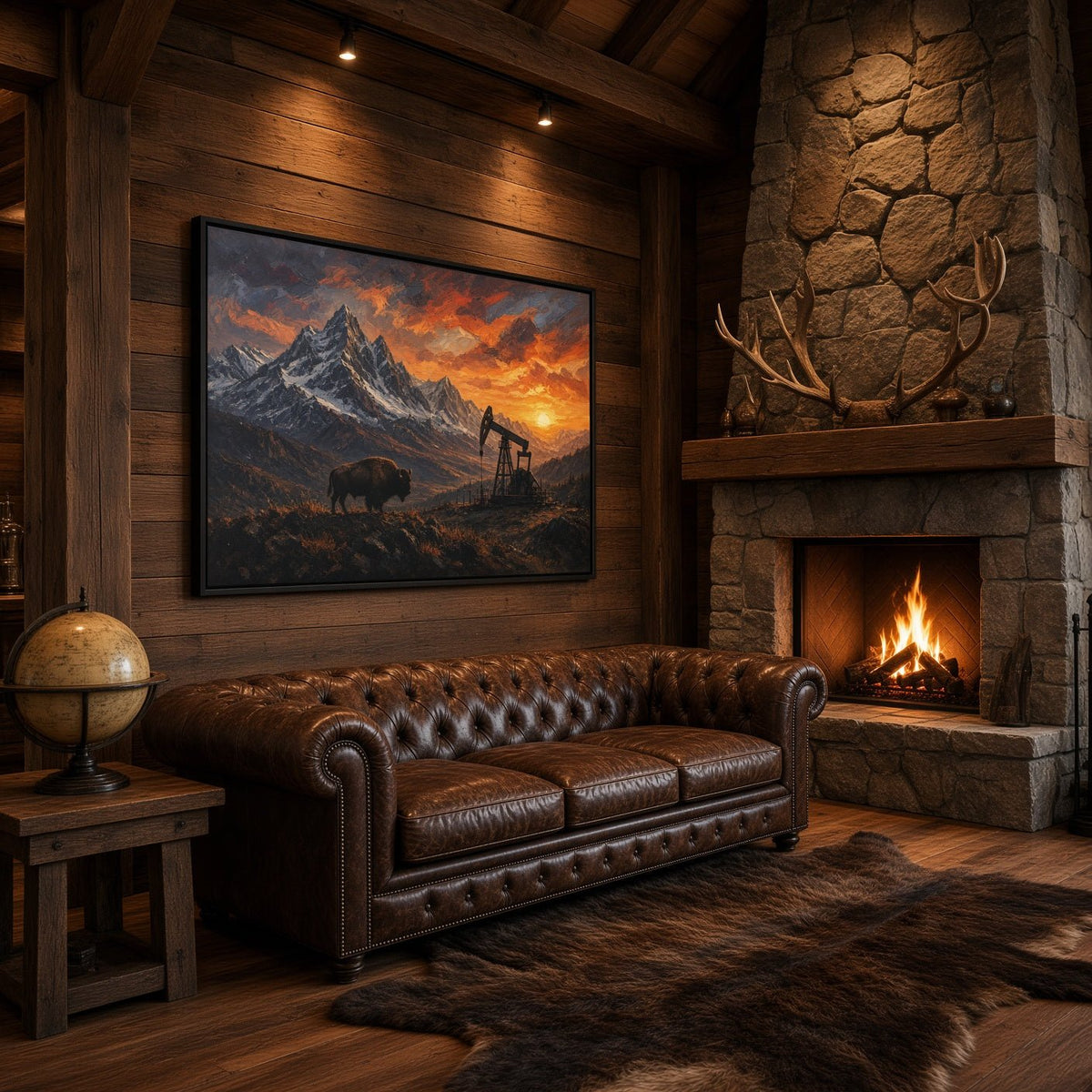 Framed matte canvas with bison, oil pumpjack, and dramatic mountain sunset