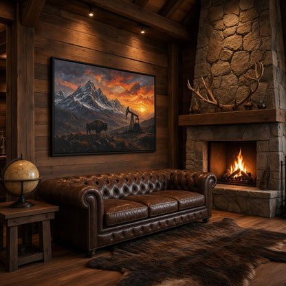 Framed matte canvas with bison, oil pumpjack, and dramatic mountain sunset
