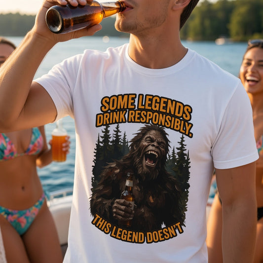 White T-shirt with bear and forest graphic and orange/yellow slogan text