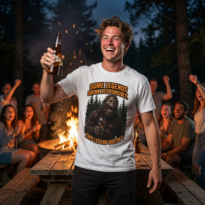 White T-shirt with bear and forest graphic and orange/yellow slogan text