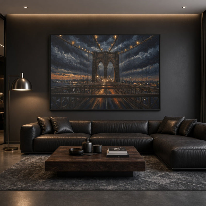 Black framed canvas wall art of a nighttime bridge with string lights and clouds