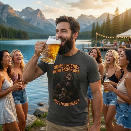 Dark green T-shirt with bear and forest graphic and orange/yellow slogan text