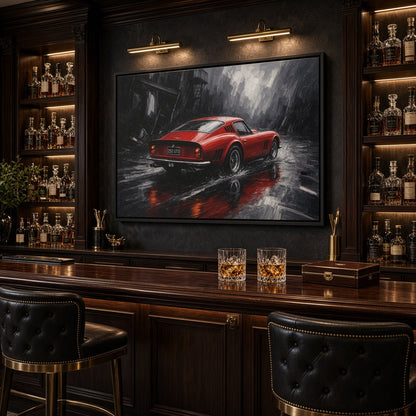 Red GT in the Rain | Vintage Coupe Framed Canvas