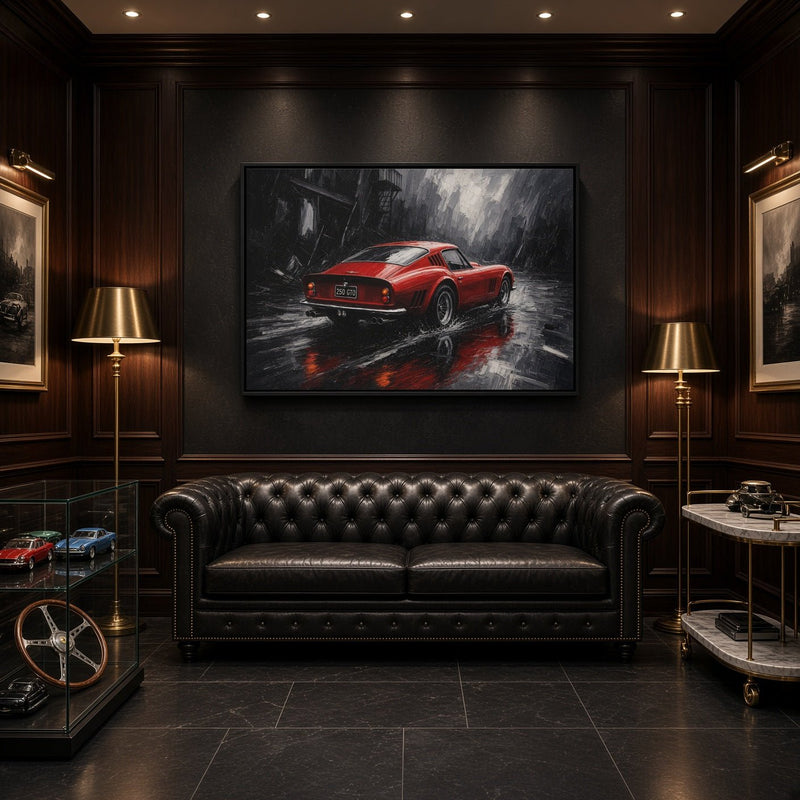 Red GT in the Rain | Vintage Coupe Framed Canvas