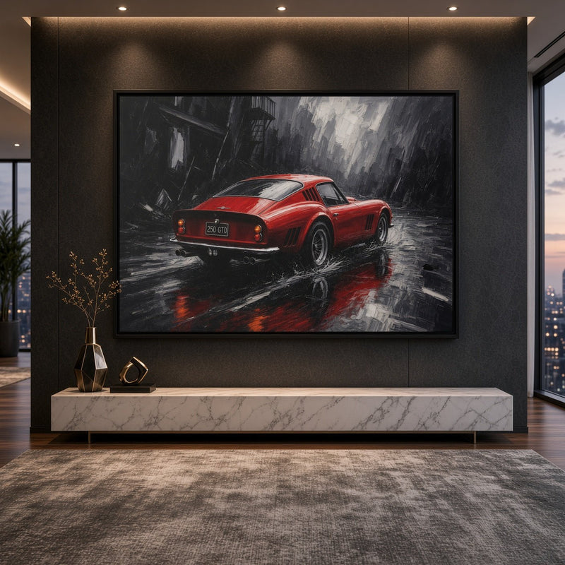 Red GT in the Rain | Vintage Coupe Framed Canvas