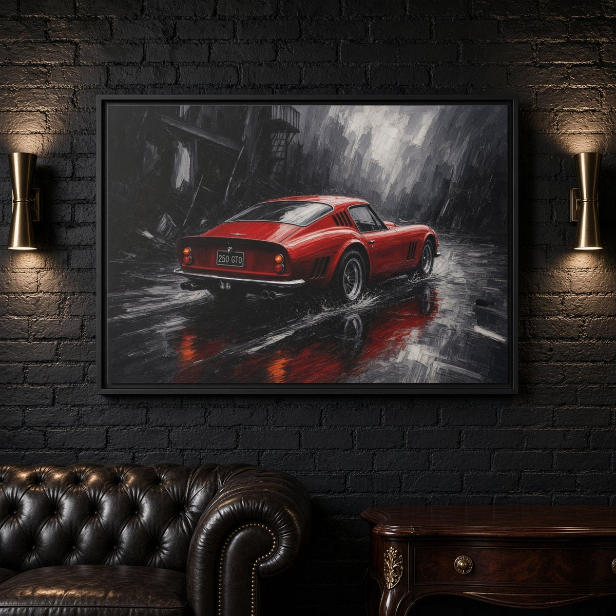 Red GT in the Rain | Vintage Coupe Framed Canvas