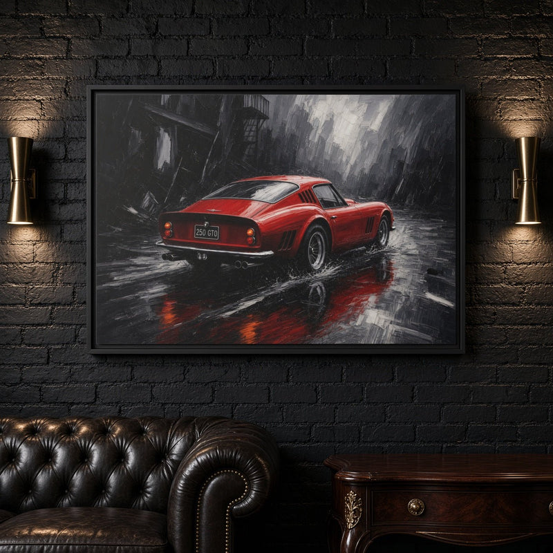 Red GT in the Rain | Vintage Coupe Framed Canvas