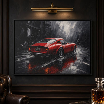 Red GT in the Rain | Vintage Coupe Framed Canvas