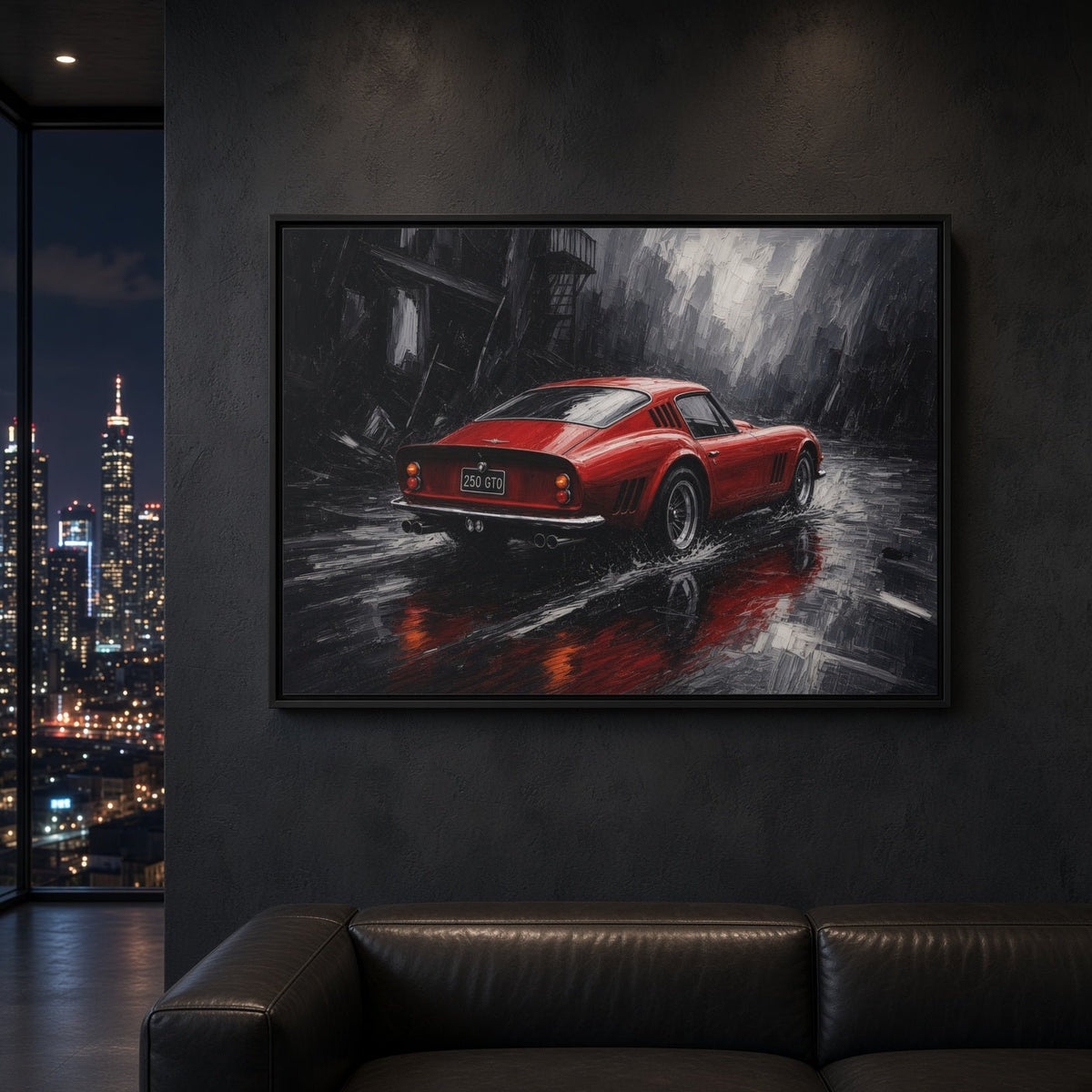 Framed canvas wall art with a red vintage coupe in rain, wet-road reflections