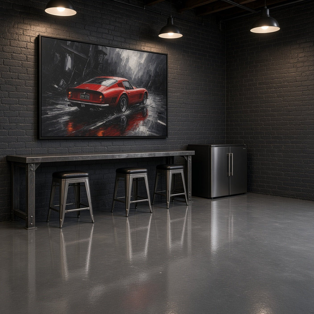 Framed canvas wall art showing a red classic coupe in a rainy street scene