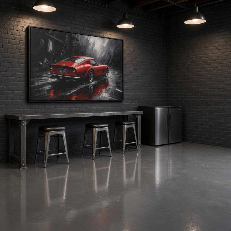 Framed canvas wall art showing a red classic coupe in a rainy street scene