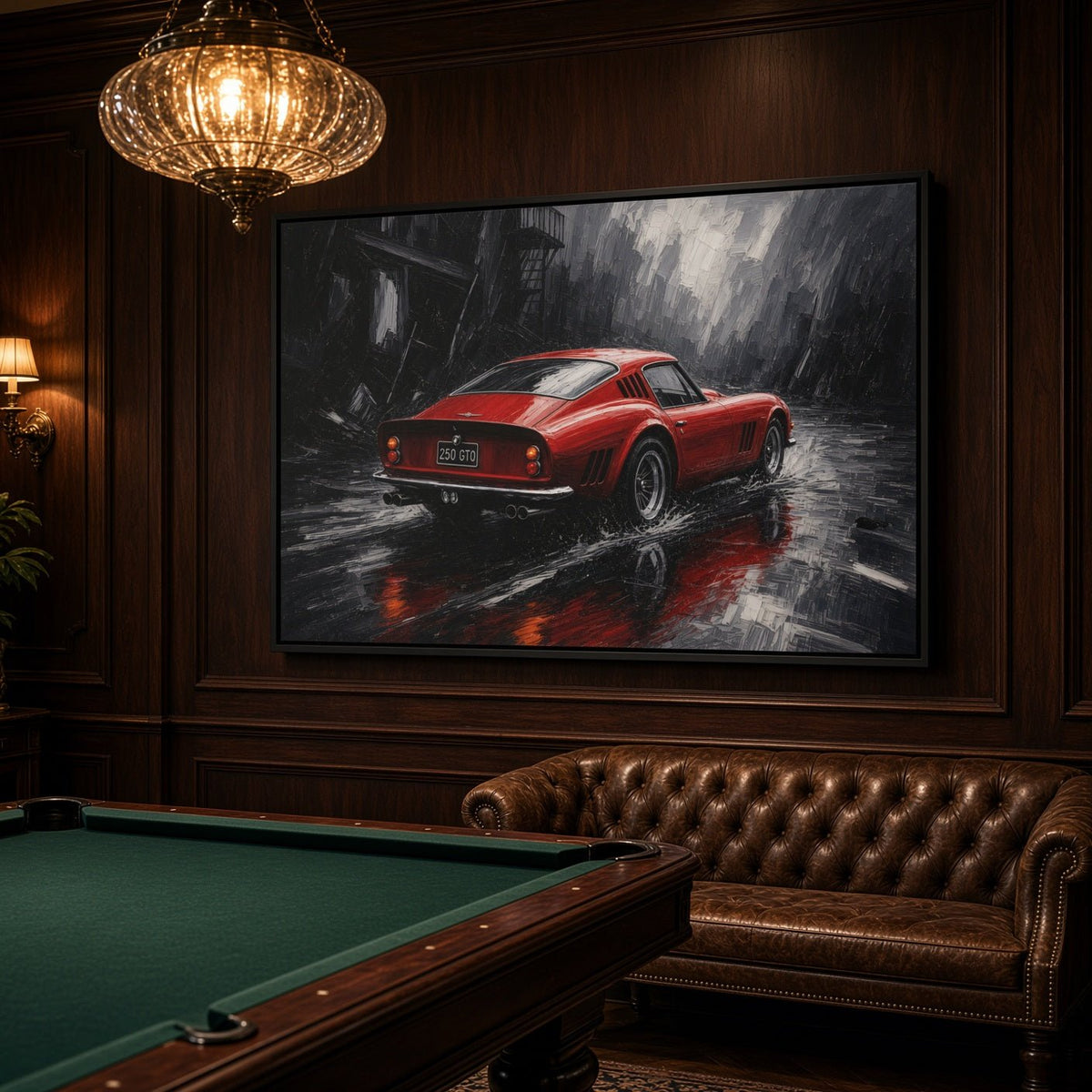 Framed canvas wall art of a red vintage sports car in rain with road reflections