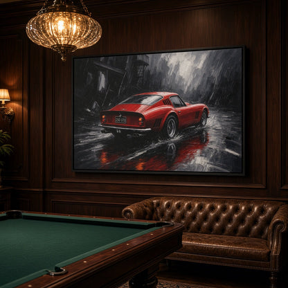 Framed canvas wall art of a red vintage sports car in rain with road reflections