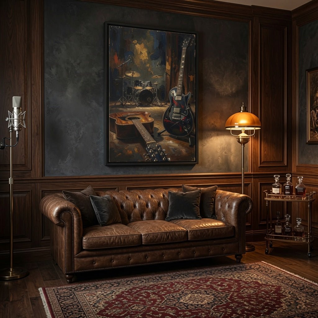 Framed rock-and-roll music canvas with black frame featuring electric guitar and drum set artwork.