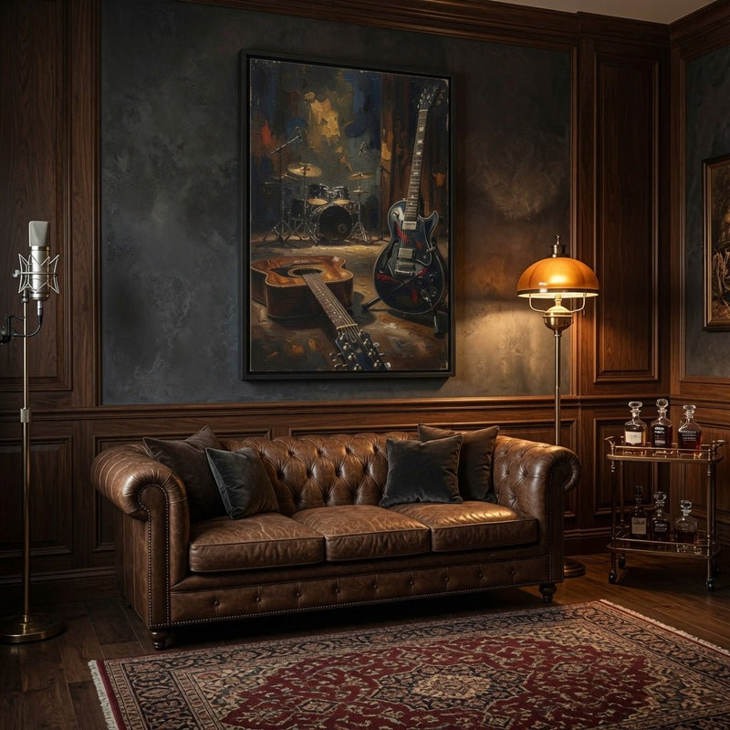 Framed rock-and-roll music canvas with black frame featuring electric guitar and drum set artwork.