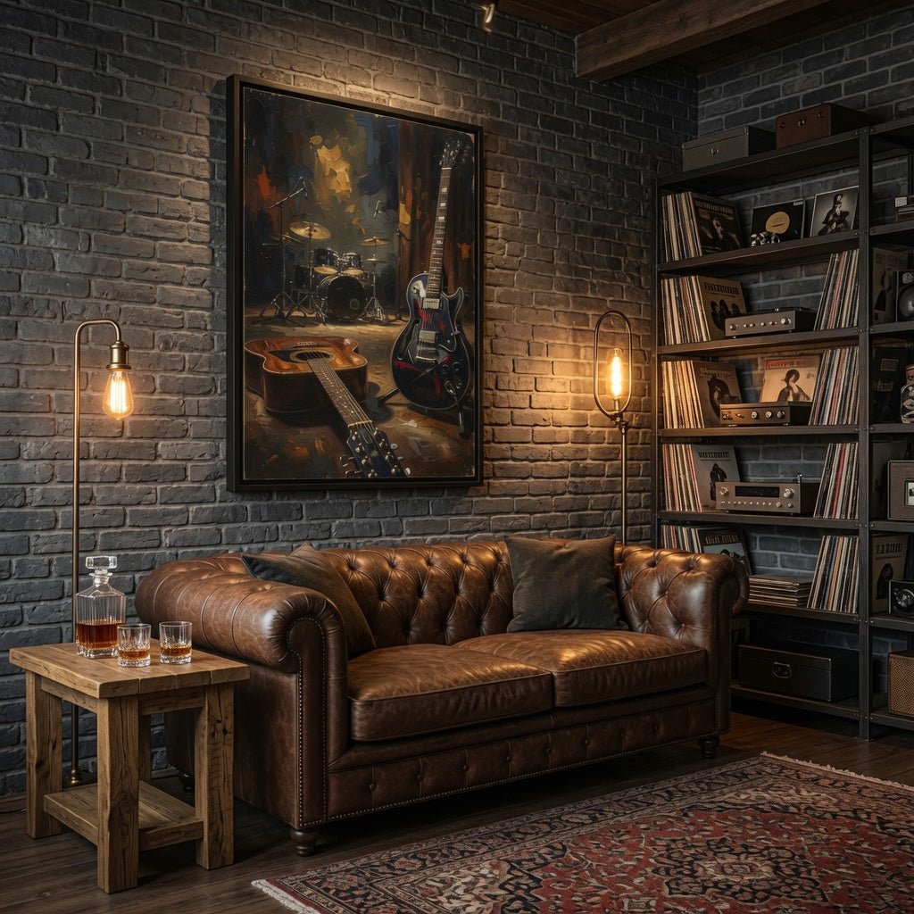 Framed rock-and-roll music canvas in black frame with guitar and drum scene artwork.