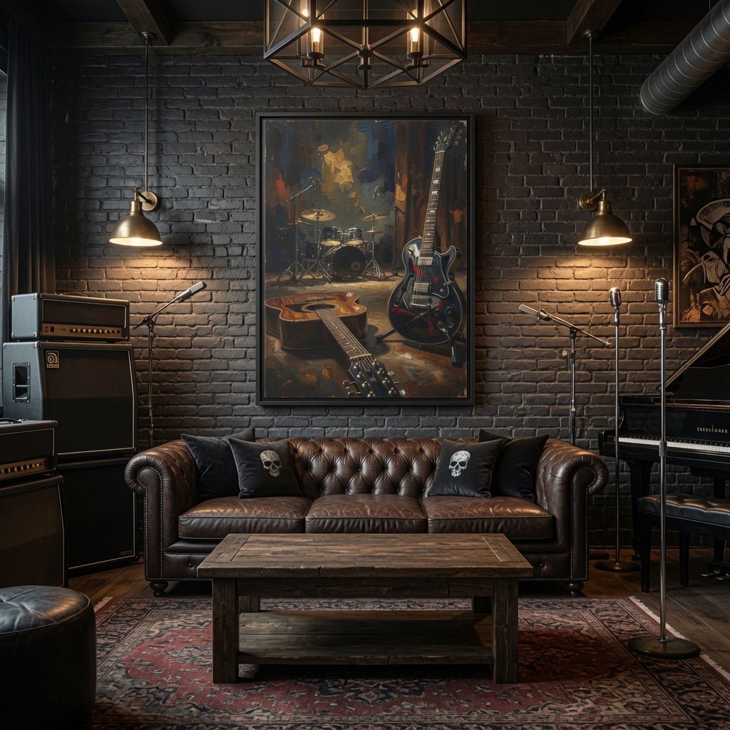 Framed rock-and-roll music canvas with black frame and stage instruments artwork.